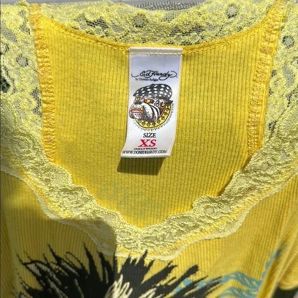 Ed Hardy Yellow Skull Graphic Tank with Lace - Picture 3 of 7